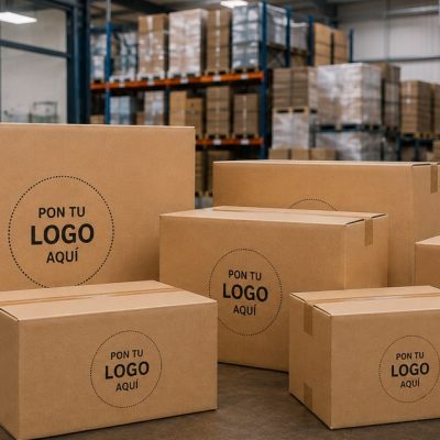 Seis cajas de cartón de distintos tamaños con un círculo impreso donde iría el logo, sobre una mesa de un almacén de embalaje
