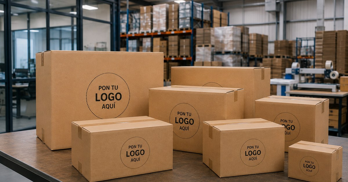 Seis cajas de cartón de distintos tamaños con un círculo impreso donde iría el logo, sobre una mesa de un almacén de embalaje