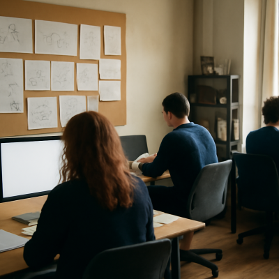 Equipo de analítica digital trabajando en una oficina con paneles de trabajo y pantallas