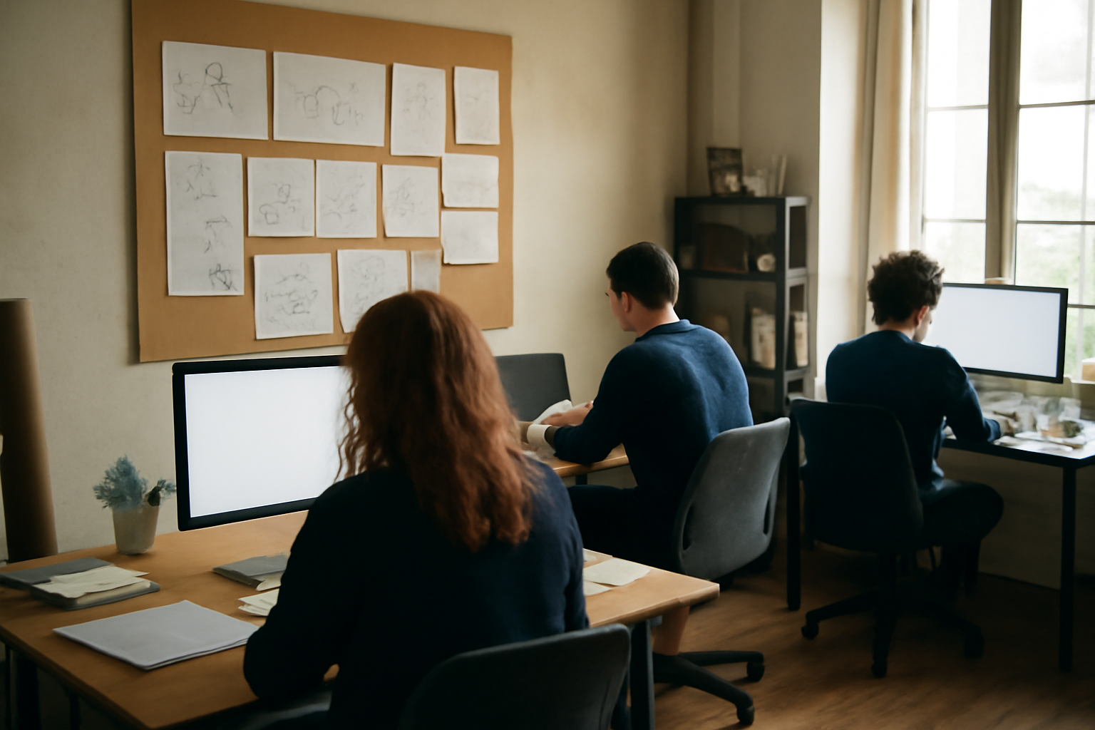 Equipo de analítica digital trabajando en una oficina con paneles de trabajo y pantallas