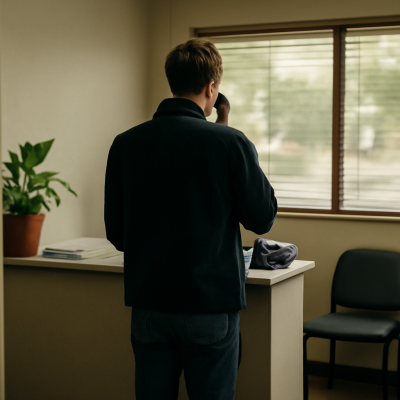 Recepción de una oficina con una persona atendiendo en el mostrador