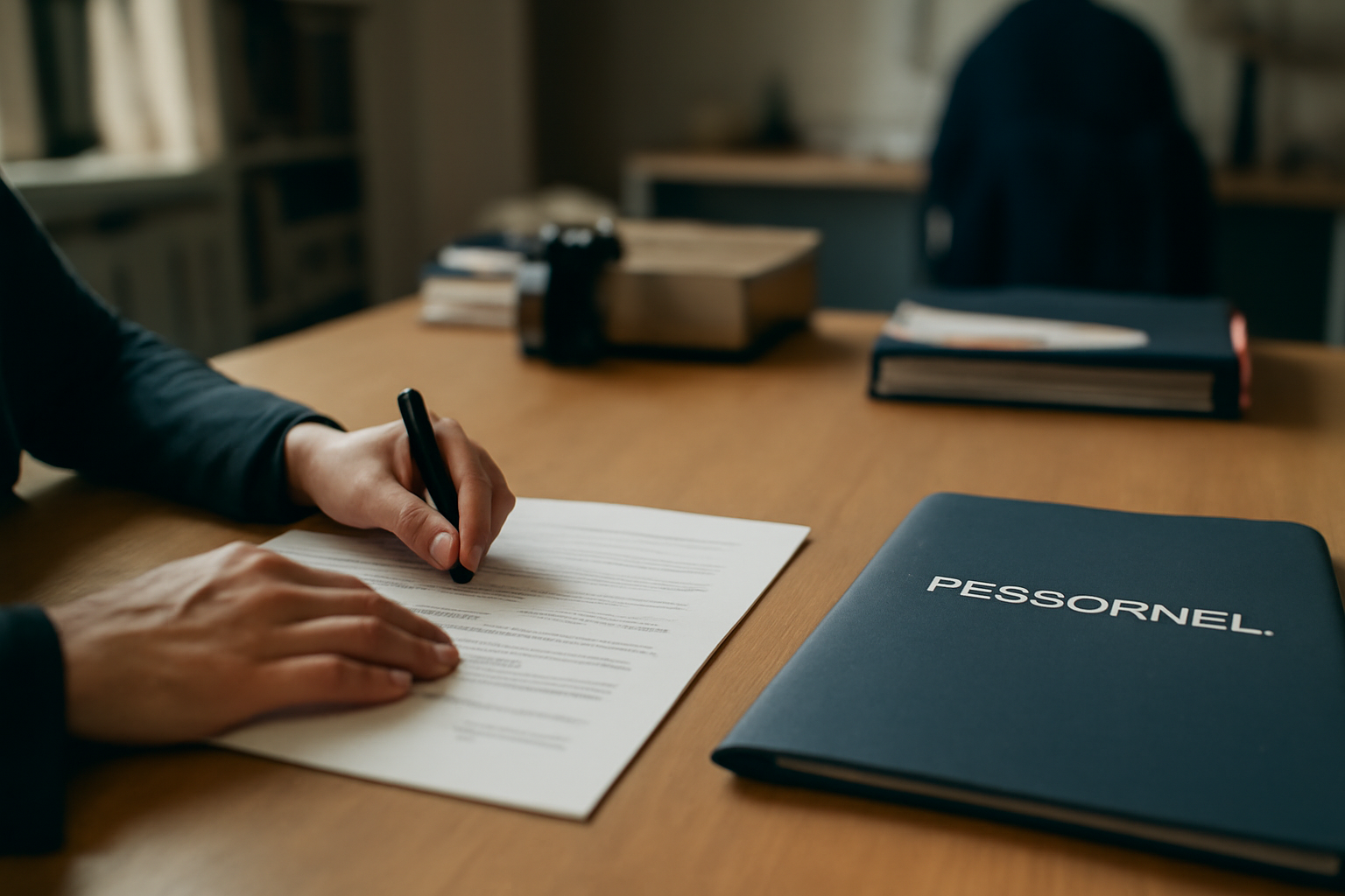 Una persona firma un documento sobre la mesa de un despacho, junto a una carpeta de personal