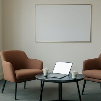 Dos butacas enfrentadas con una mesa baja entre ellas, un portátil abierto con la pantalla en blanco y dos tazas: la sala donde se hace una sesión de mentoría