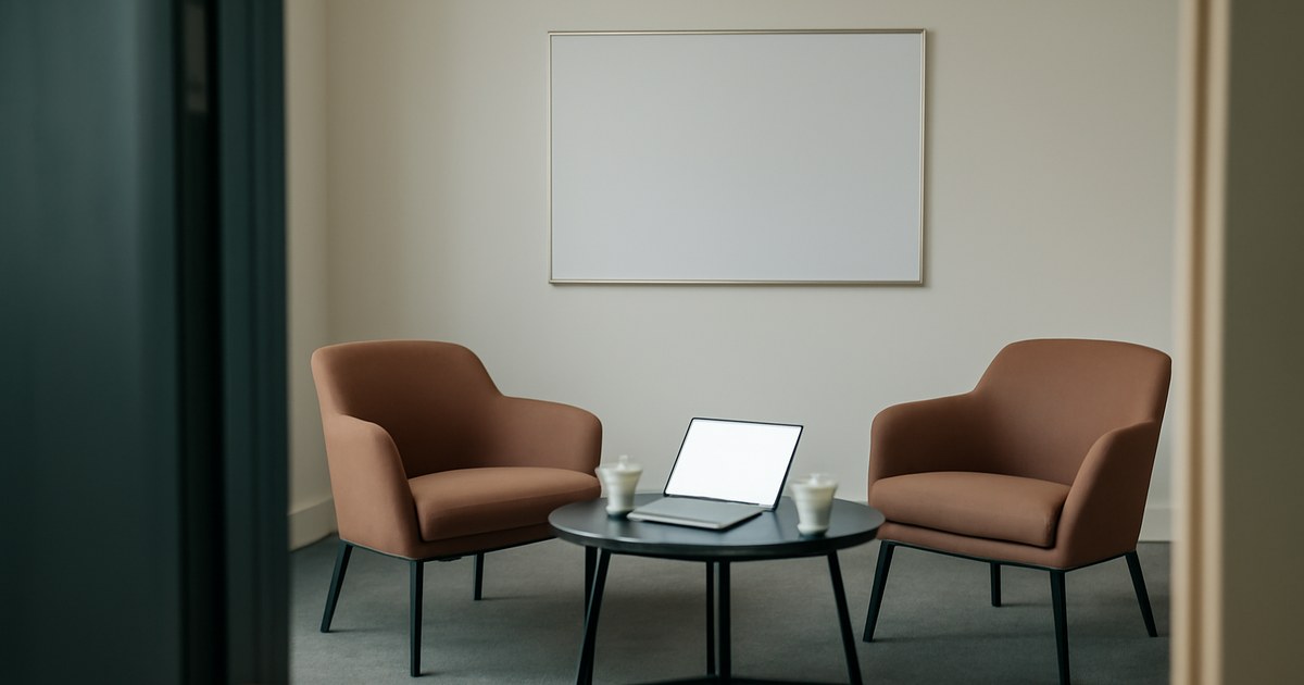 Dos butacas enfrentadas con una mesa baja entre ellas, un portátil abierto con la pantalla en blanco y dos tazas: la sala donde se hace una sesión de mentoría