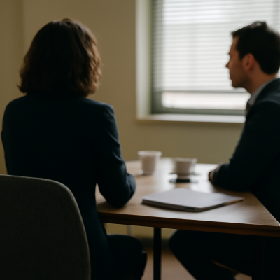 Reunión de trabajo entre dos personas para plantear una colaboración