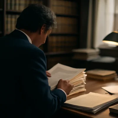 Un abogado, de espaldas, revisa un expediente grueso en su despacho, junto a una lámpara de mesa y estanterías llenas de libros encuadernados