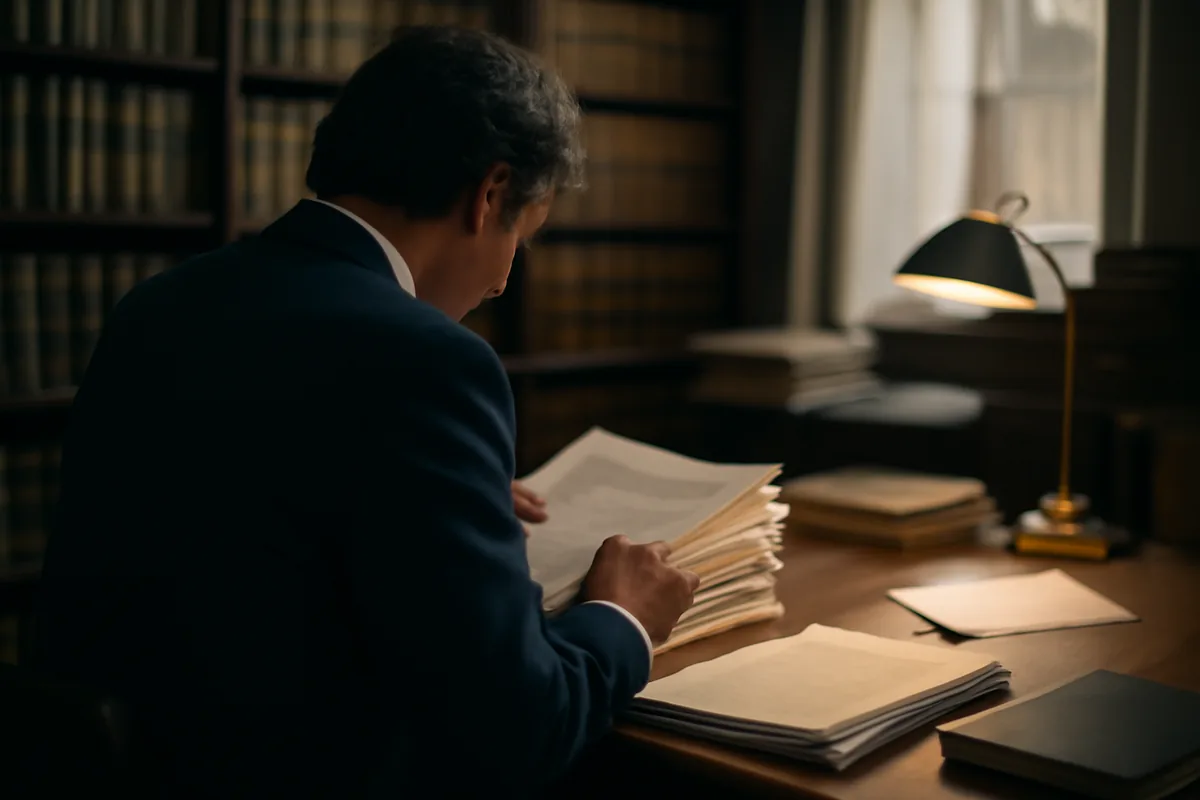 Un abogado, de espaldas, revisa un expediente grueso en su despacho, junto a una lámpara de mesa y estanterías llenas de libros encuadernados