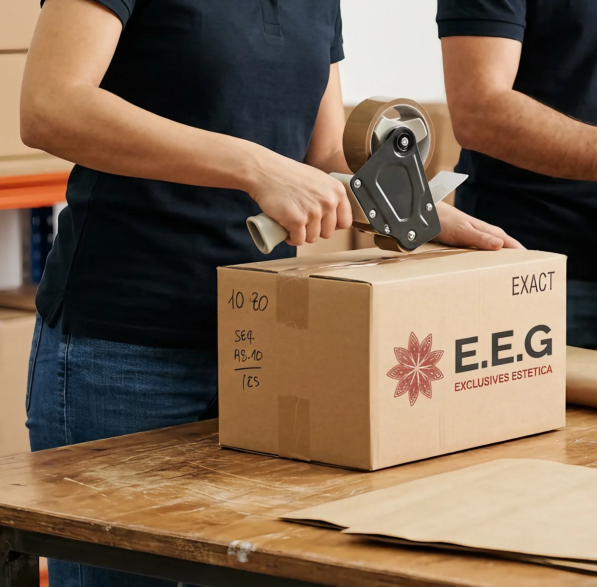 Dos personas embalando una caja con el logotipo de Exclusives Estética en el almacén del distribuidor