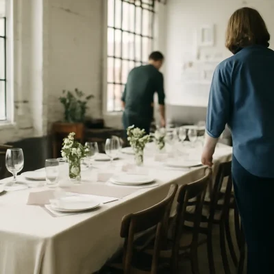 Dos personas de espaldas preparando una mesa larga con mantel, vajilla y flores en un espacio diáfano con grandes ventanales, antes de una comida de empresa
