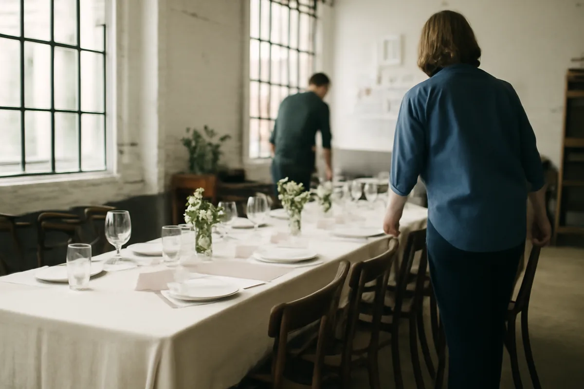 Dos personas de espaldas preparando una mesa larga con mantel, vajilla y flores en un espacio diáfano con grandes ventanales, antes de una comida de empresa