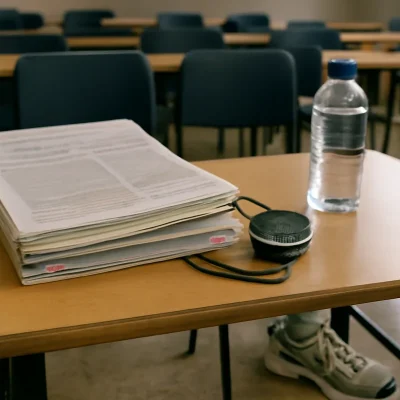 Mesa de estudio en un aula de preparación de oposiciones, con apuntes anotados y separadores de colores, un cronómetro, una botella de agua y unas zapatillas de deporte en el suelo junto a la silla