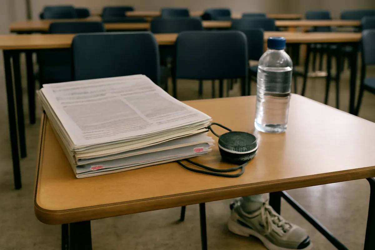 Mesa de estudio en un aula de preparación de oposiciones, con apuntes anotados y separadores de colores, un cronómetro, una botella de agua y unas zapatillas de deporte en el suelo junto a la silla