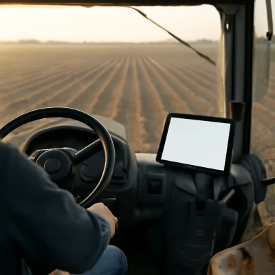 Agricultor de espaldas al volante de un tractor, con una pantalla montada junto al volante y un campo arado al amanecer a través del parabrisas