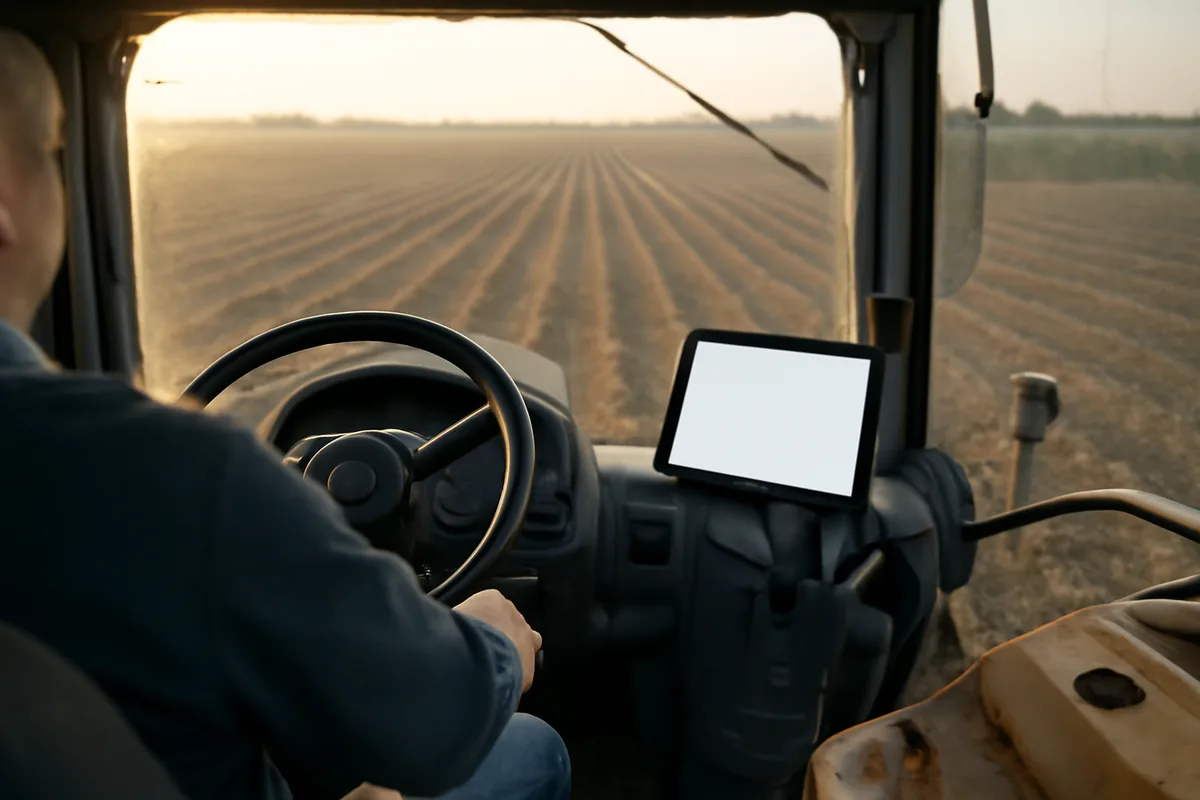 Agricultor de espaldas al volante de un tractor, con una pantalla montada junto al volante y un campo arado al amanecer a través del parabrisas