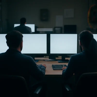 Dos personas de espaldas frente a cuatro monitores encendidos en una oficina a oscuras, trabajando fuera del horario habitual