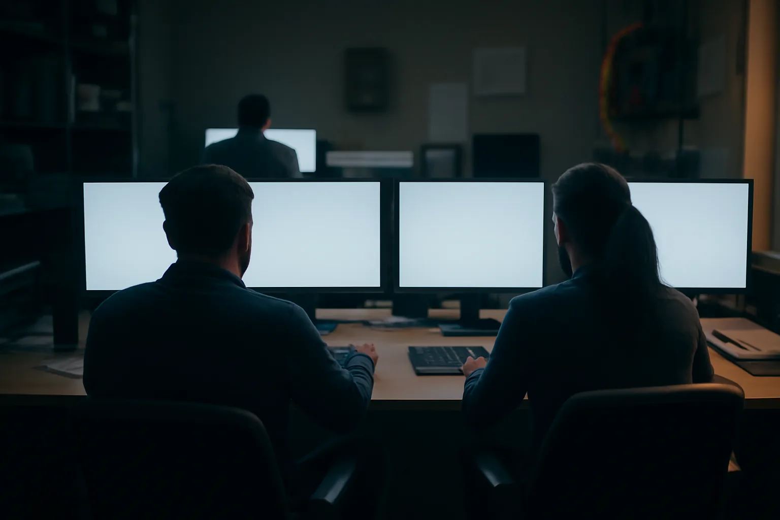 Dos personas de espaldas frente a cuatro monitores encendidos en una oficina a oscuras, trabajando fuera del horario habitual