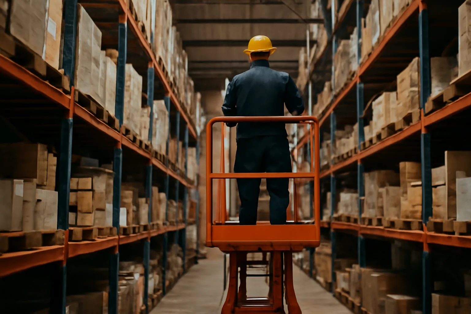 Operario con casco sobre una plataforma elevadora en el pasillo de un almacén industrial con estanterías de palés