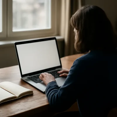 Persona de espaldas escribiendo en un portátil sobre una mesa de madera junto a una ventana, con un cuaderno abierto al lado