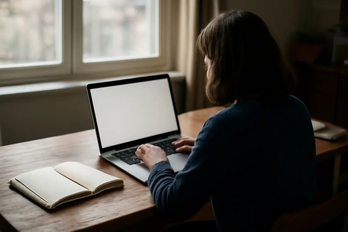 Persona de espaldas escribiendo en un portátil sobre una mesa de madera junto a una ventana, con un cuaderno abierto al lado