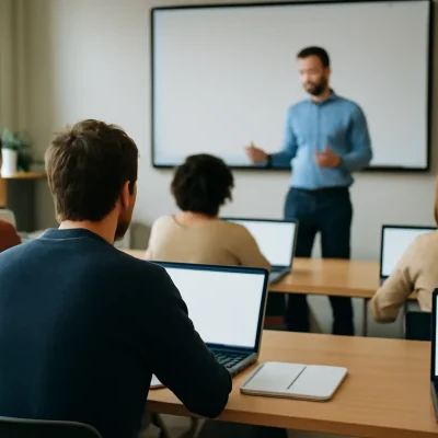 Sesión de formación para profesionales en un aula luminosa, con participantes de espaldas frente a sus portátiles y un formador junto a una pantalla en blanco al fondo