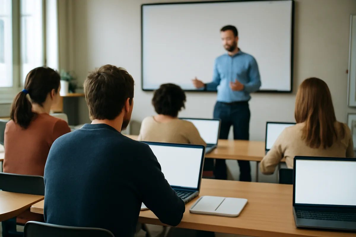Sesión de formación para profesionales en un aula luminosa, con participantes de espaldas frente a sus portátiles y un formador junto a una pantalla en blanco al fondo