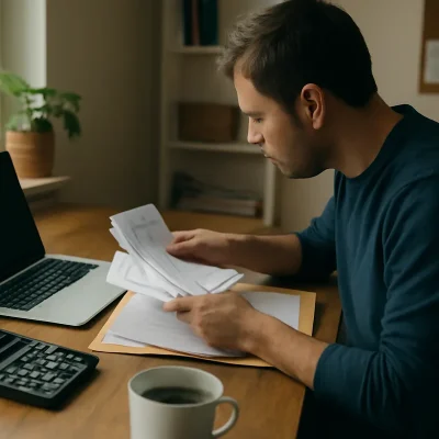 Autónomo revisando facturas y tiques en el escritorio de su casa, con una calculadora, el portátil y un café