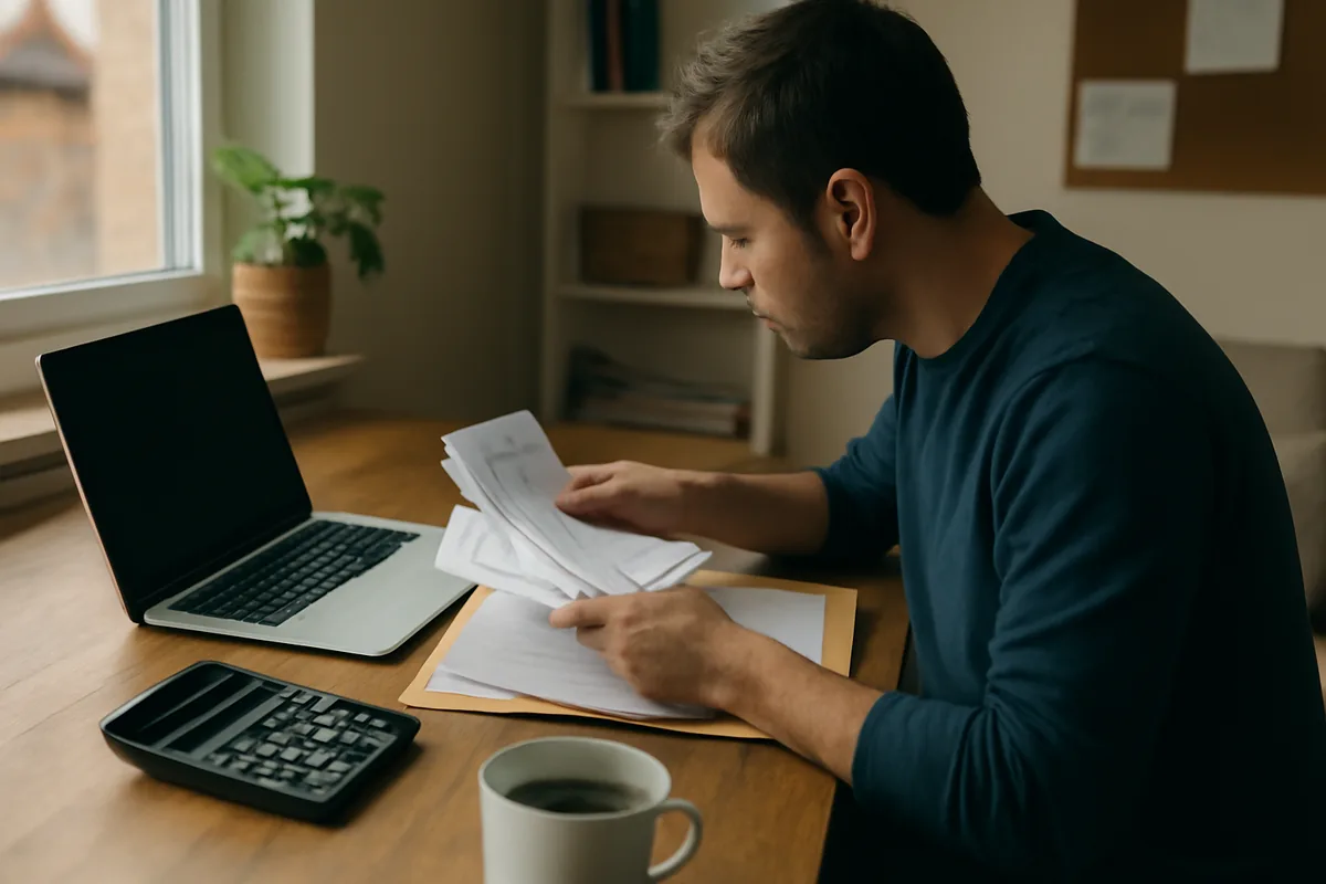 Autónomo revisando facturas y tiques en el escritorio de su casa, con una calculadora, el portátil y un café