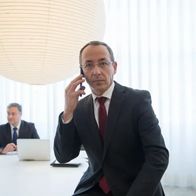 Un directivo con gafas, traje oscuro y corbata granate habla por el móvil en una oficina luminosa, mientras otro hombre trabaja con un portátil al fondo
