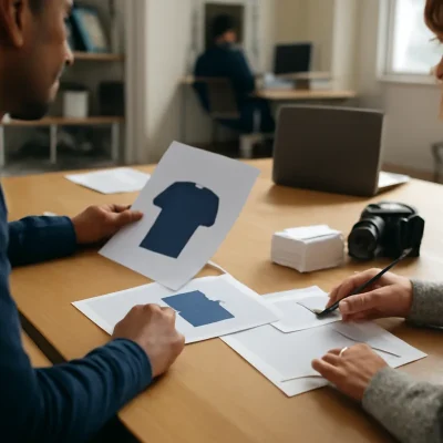 Dos personas revisan en una mesa fotos impresas de una camiseta para preparar la ficha de un producto, con una cámara y un portátil al lado