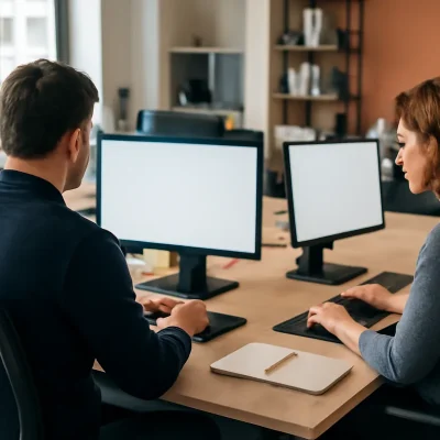 Dos personas de un equipo de atención al cliente trabajan con el teclado ante sus monitores en una oficina luminosa, con una libreta sobre la mesa
