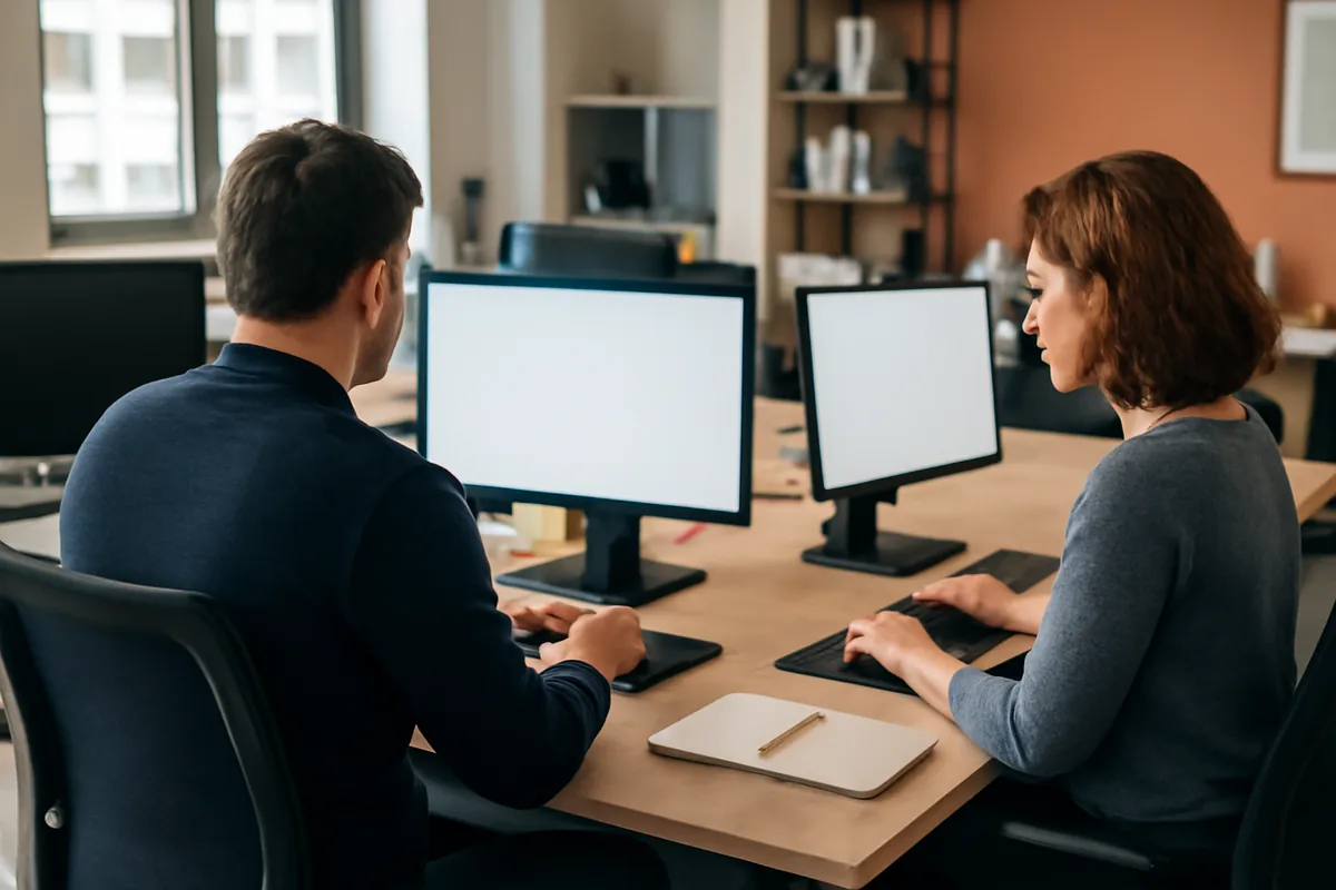 Dos personas de un equipo de atención al cliente trabajan con el teclado ante sus monitores en una oficina luminosa, con una libreta sobre la mesa