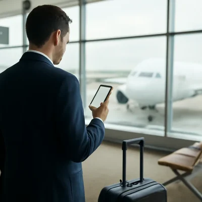 Viajero de negocios de espaldas en la sala de embarque de un aeropuerto, consultando el móvil junto a su maleta