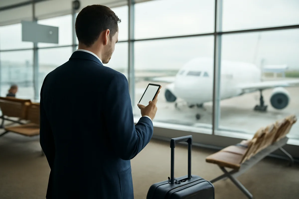 Viajero de negocios de espaldas en la sala de embarque de un aeropuerto, consultando el móvil junto a su maleta