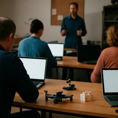 Varios adultos, de espaldas, siguen una clase de formación tecnológica con portátiles, con un pequeño dron y piezas impresas en 3D sobre la mesa y el formador al fondo