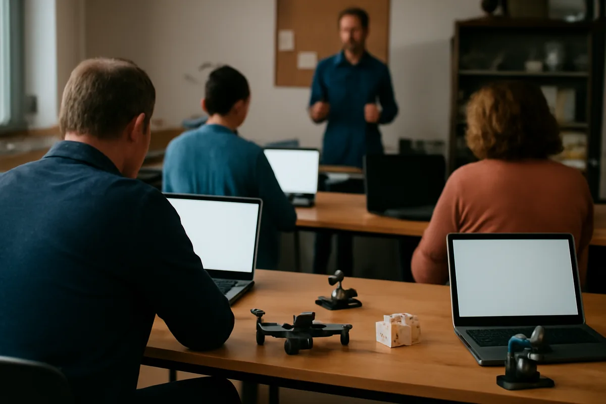Varios adultos, de espaldas, siguen una clase de formación tecnológica con portátiles, con un pequeño dron y piezas impresas en 3D sobre la mesa y el formador al fondo
