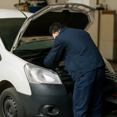 Mecánico inclinado sobre el motor de una furgoneta de trabajo blanca con el capó abierto en un taller