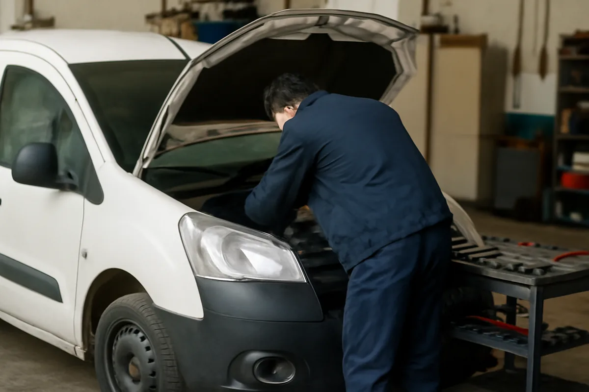 Mecánico inclinado sobre el motor de una furgoneta de trabajo blanca con el capó abierto en un taller