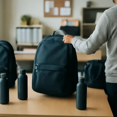 Persona cogiendo una mochila sin marca de una mesa de oficina con más mochilas y botellas preparadas para el equipo