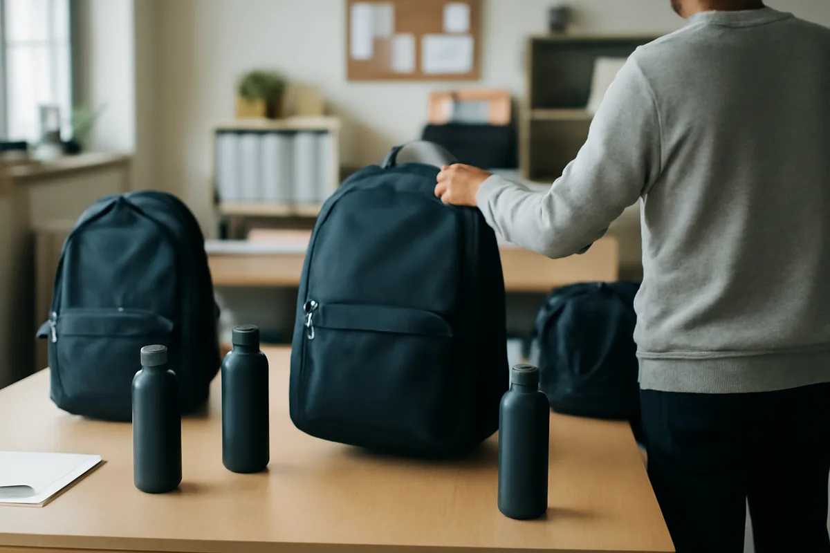 Persona cogiendo una mochila sin marca de una mesa de oficina con más mochilas y botellas preparadas para el equipo
