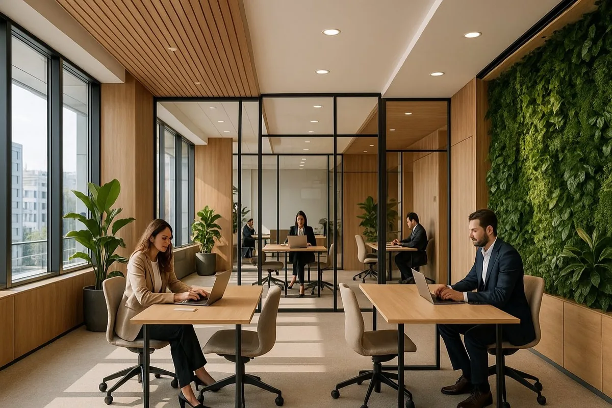Oficina moderna reformada en Barcelona con luz natural y zonas de trabajo colaborativo