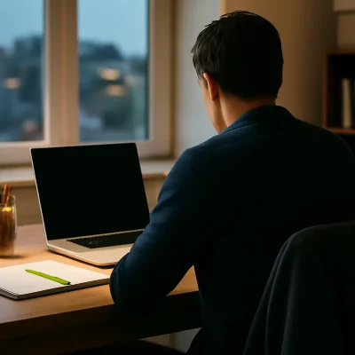 Un profesional, de espaldas, estudia por la tarde ante su portátil en el escritorio de casa, con una libreta y un subrayador, mientras anochece tras la ventana