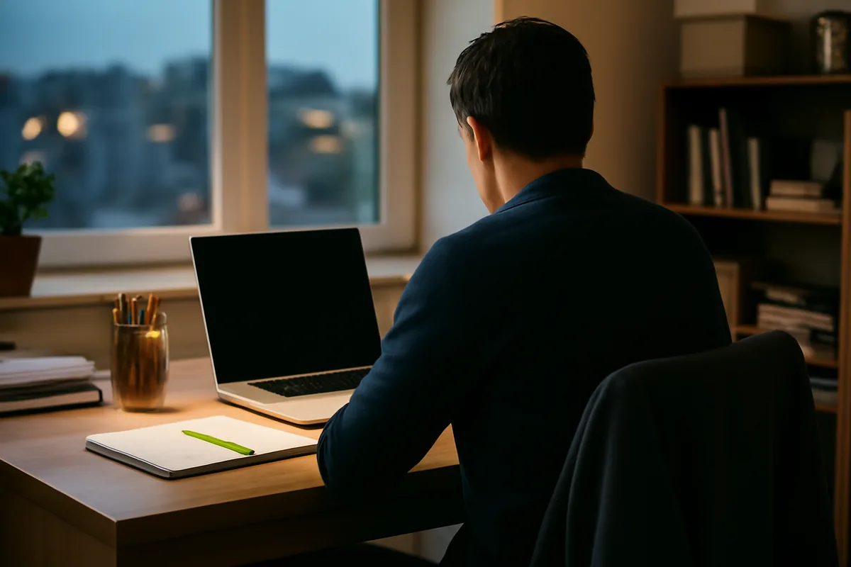 Un profesional, de espaldas, estudia por la tarde ante su portátil en el escritorio de casa, con una libreta y un subrayador, mientras anochece tras la ventana