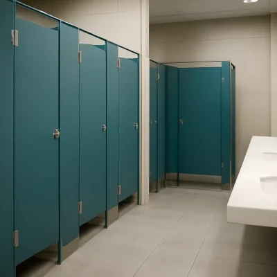 Cabinas sanitarias de tableros fenólicos en verde azulado en un aseo público, con herrajes de acero y lavabo corrido