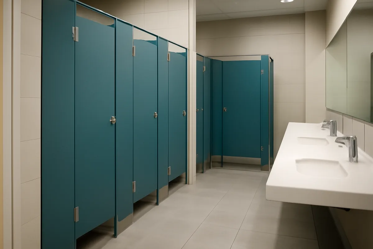 Cabinas sanitarias de tableros fenólicos en verde azulado en un aseo público, con herrajes de acero y lavabo corrido